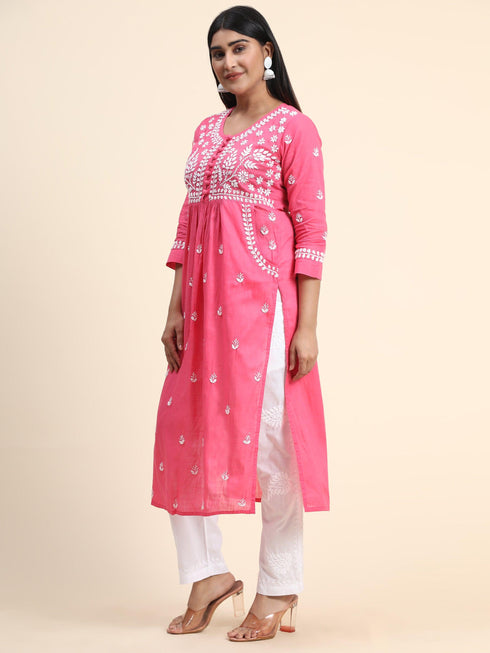 Fizaa Chikankari Kurti for Women With Pocket - Pink